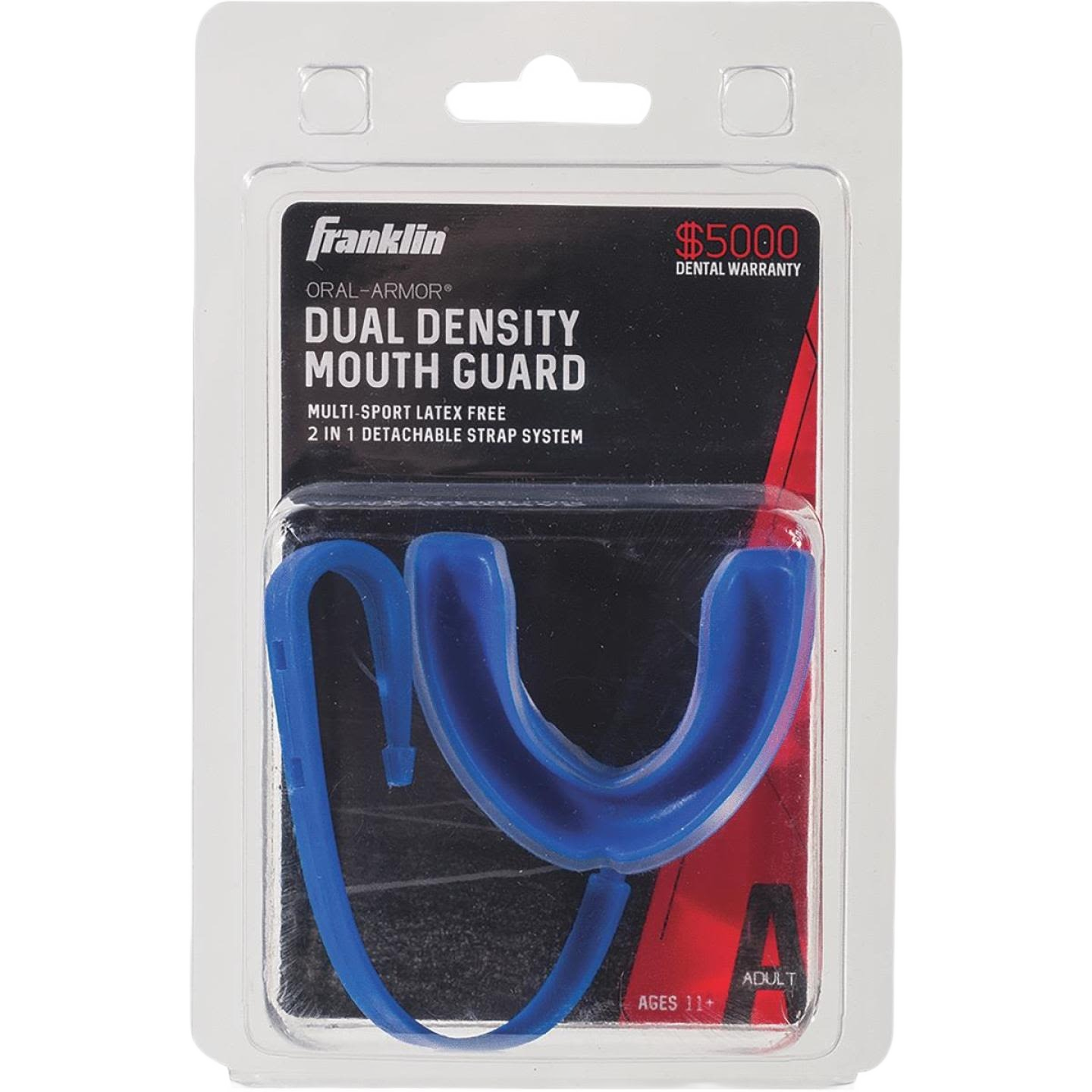 Blue dual density mouthguard with detachable strap system in clear packaging for youth sports protection under $50