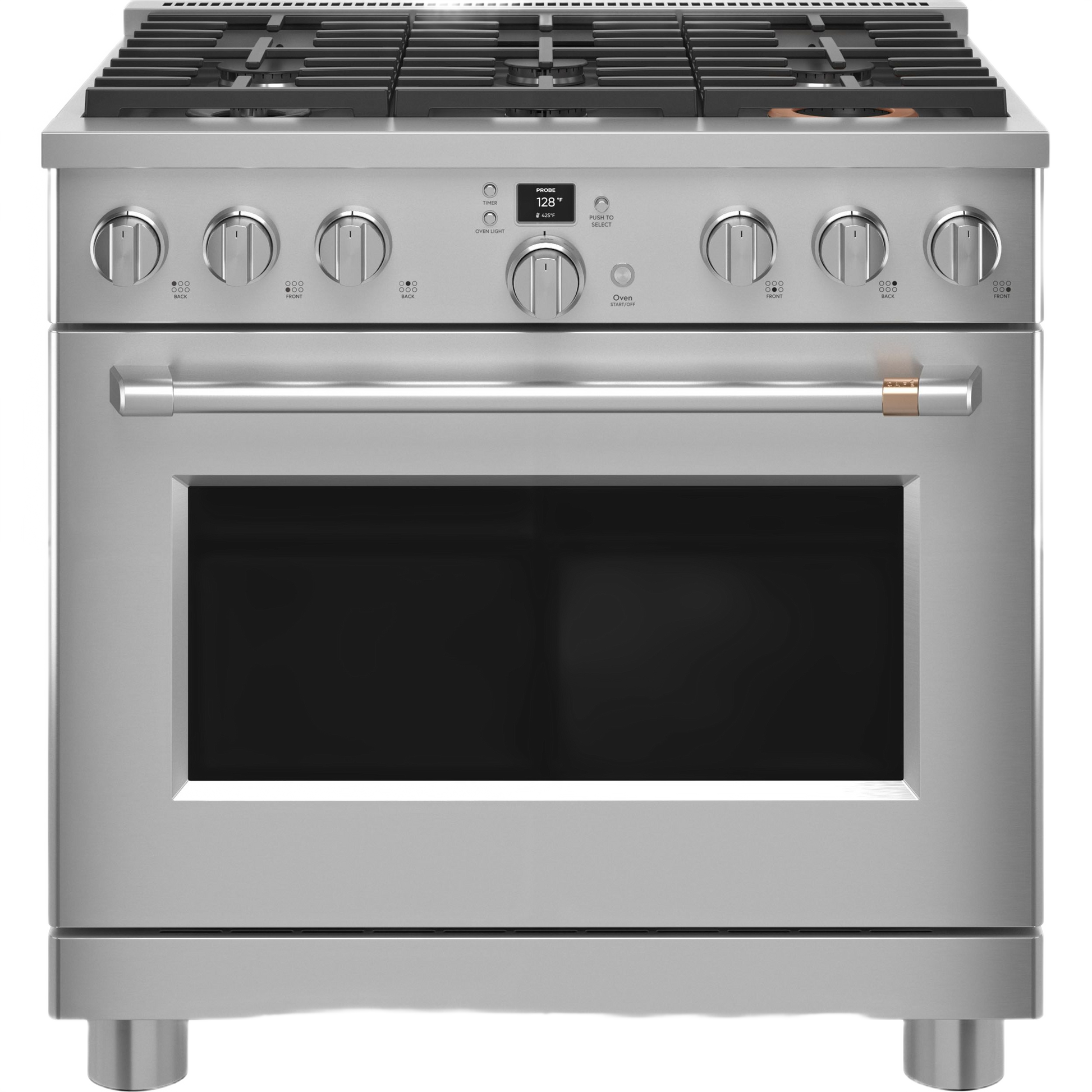 stainless steel smart dual-fuel range with six burners and digital control panel for kitchen appliances and home improvement