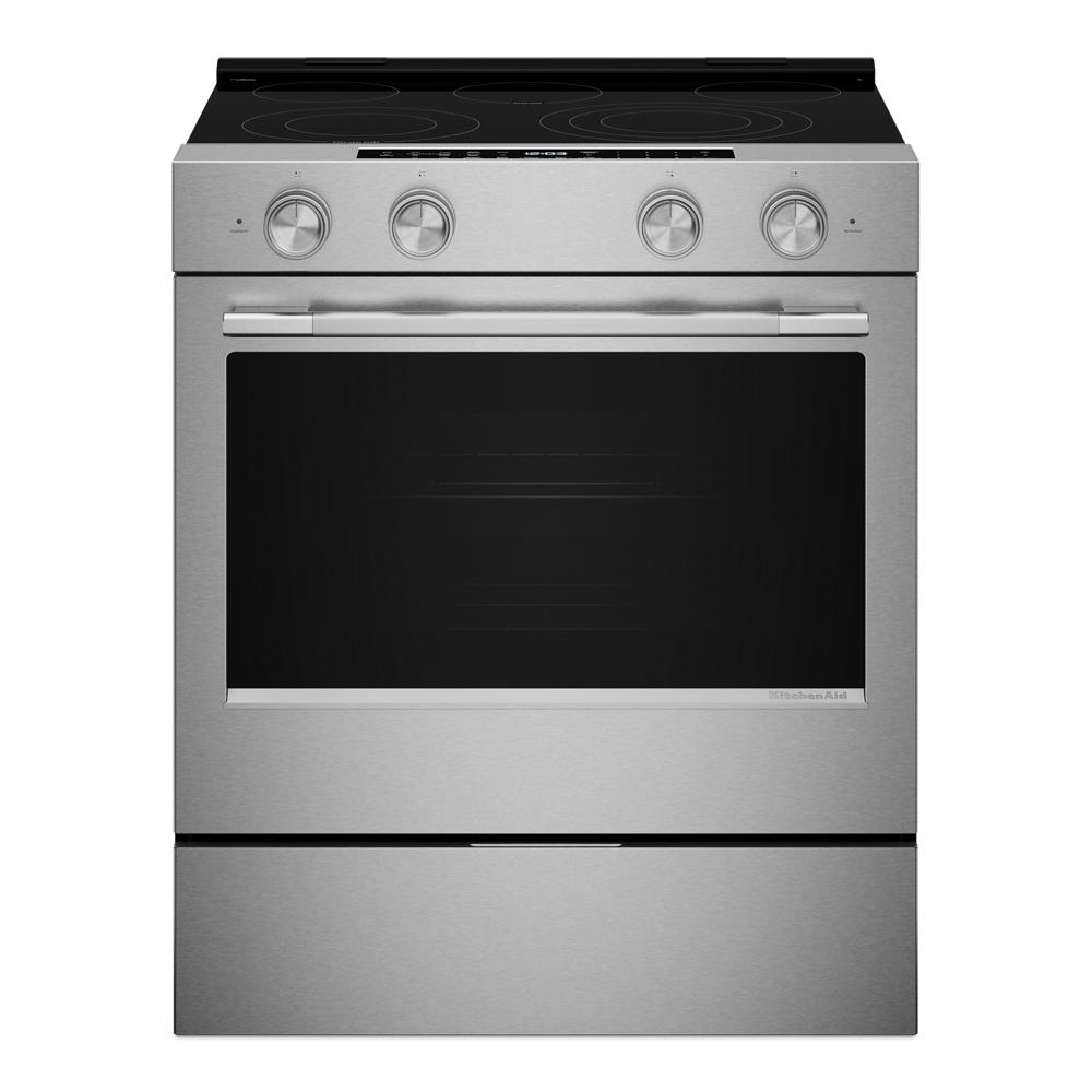 Stainless steel slide-in electric range with smooth cooktop, four control knobs, and convection oven in kitchen appliances collection