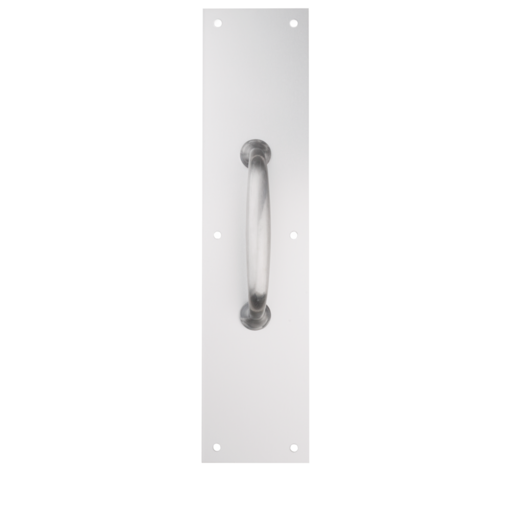 Satin aluminum pull plate with curved handle and pre-drilled holes for door and gate hardware in home improvement tools