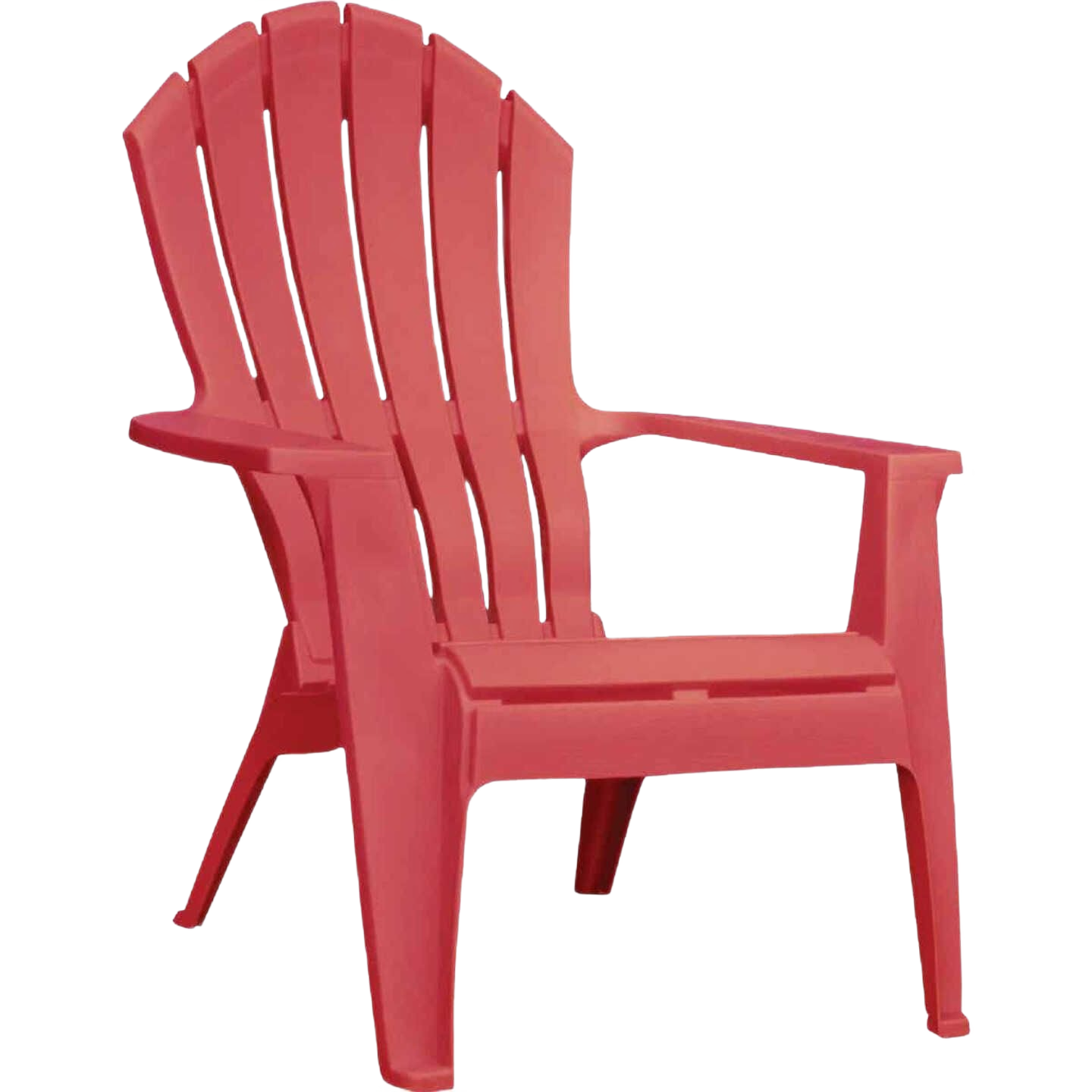 Cherry red resin Adirondack chair with wide slats and armrests for outdoor relaxation and home improvement use