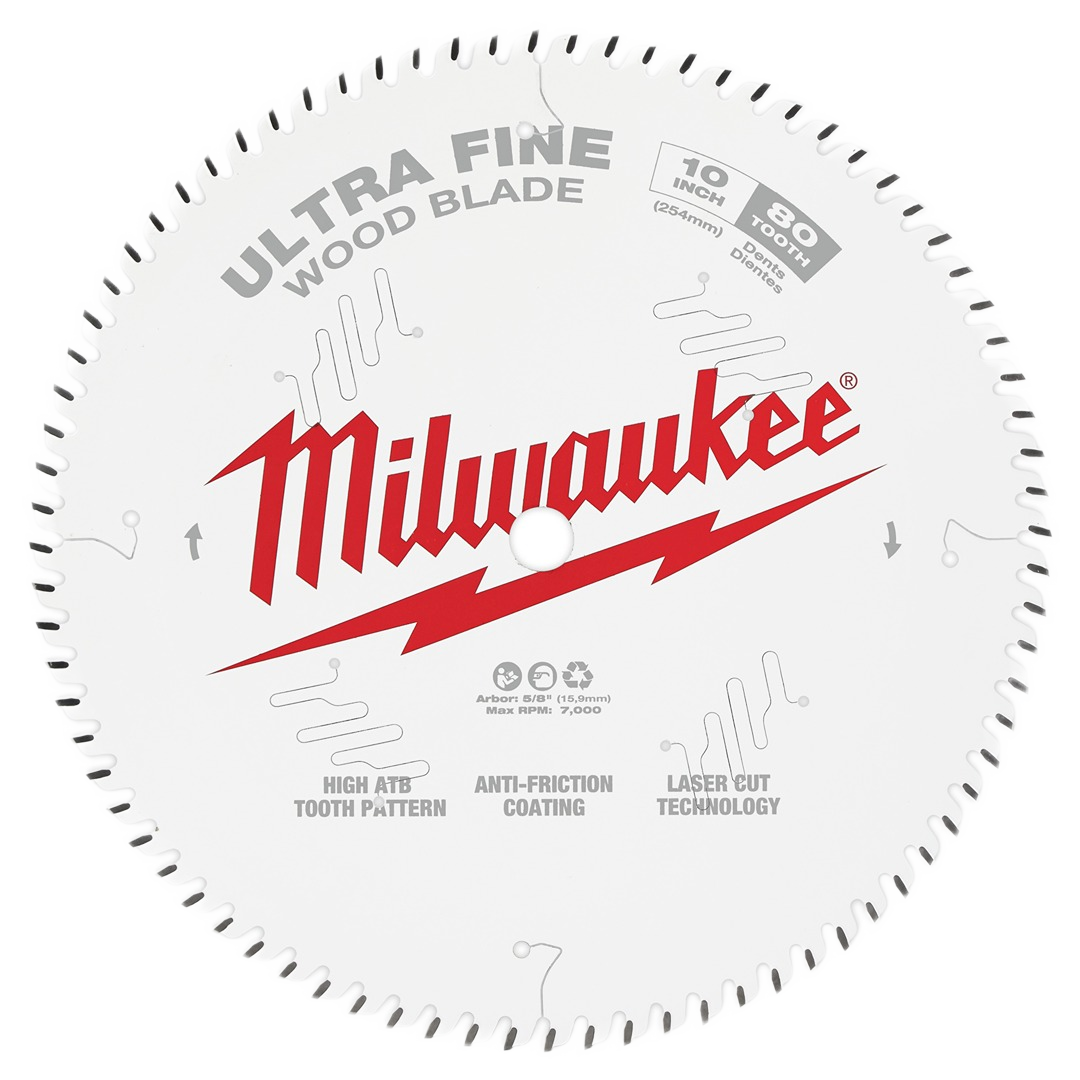 Milwaukee 10-inch circular saw blade with 80 teeth, ultra fine finish, anti-friction coating, and laser-cut design