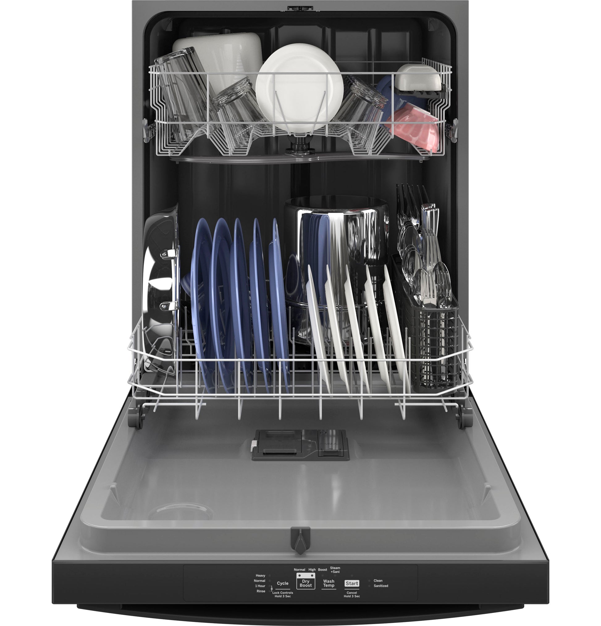 Open GE dishwasher with plastic interior loaded with clean dishes and utensils in Kitchen & Kitchenware and Appliances collections