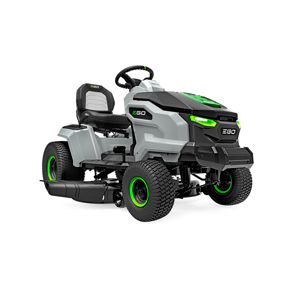 Gray and black battery powered riding lawn tractor with green accents for outdoor power equipment and home improvement