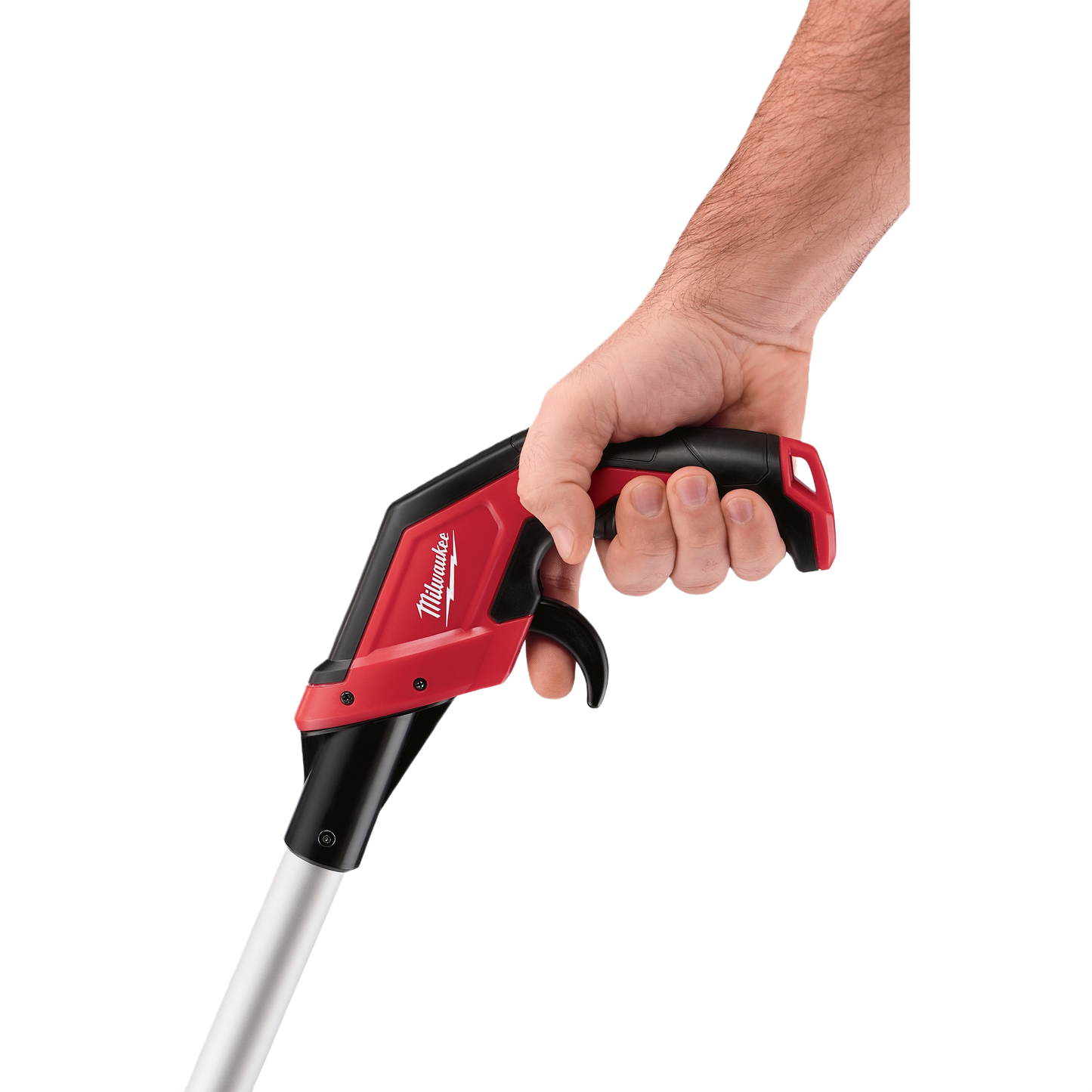 Hand gripping red and black Milwaukee measuring wheel handle with ergonomic design for woodworking and home improvement tools