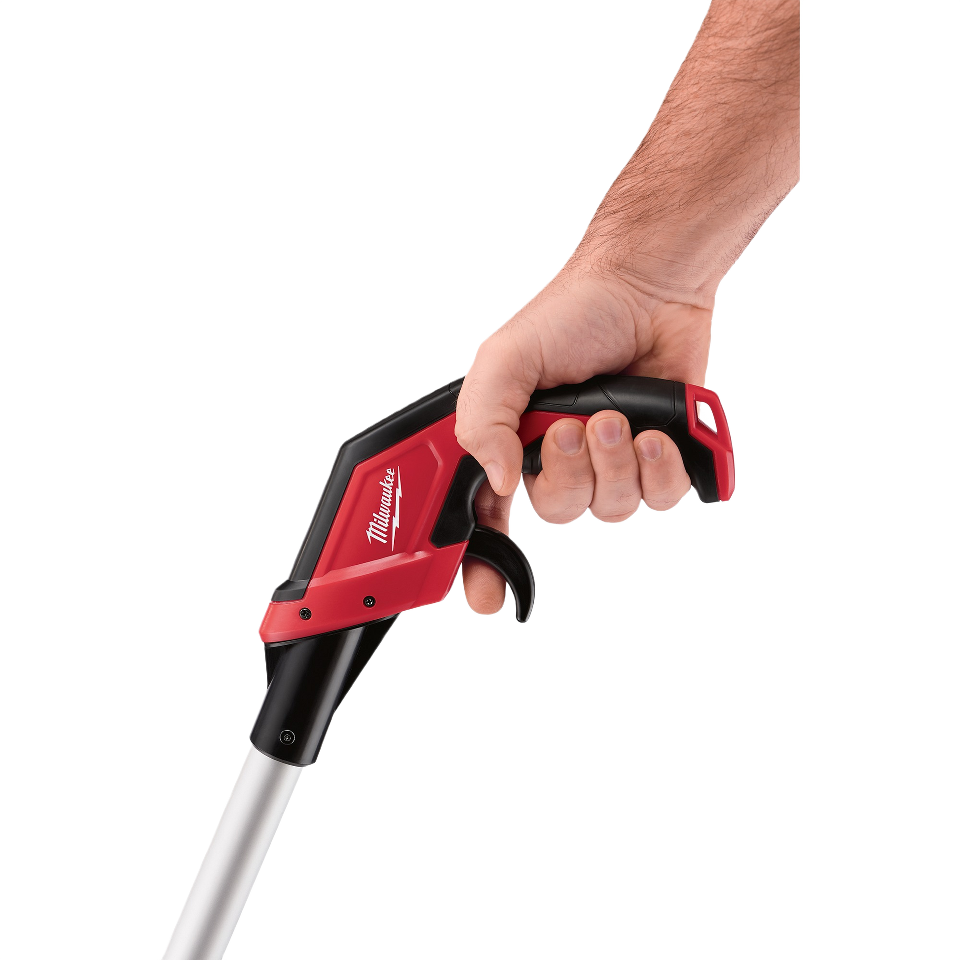 Hand gripping red and black Milwaukee measuring wheel handle with ergonomic design for woodworking and home improvement tools