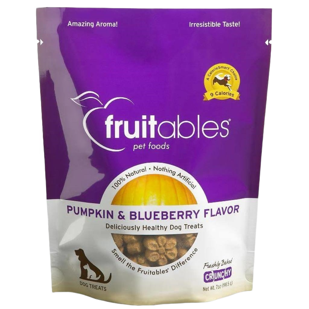 Purple and white bag of fruitables pumpkin and blueberry crunchy dog treats from pet and animal treats collection