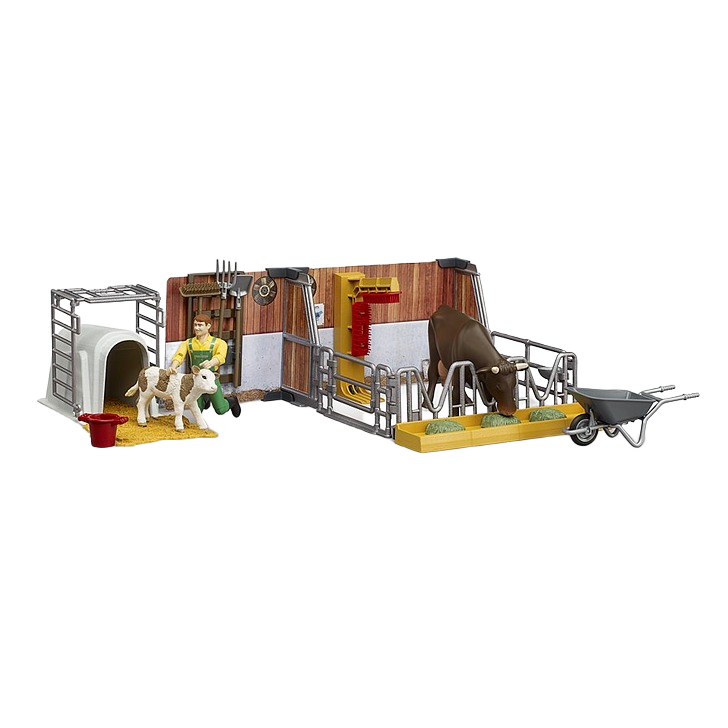 Farm toy set with farmer, brown cow eating hay, white calf near shelter, wheelbarrow, and barn fence accessories
