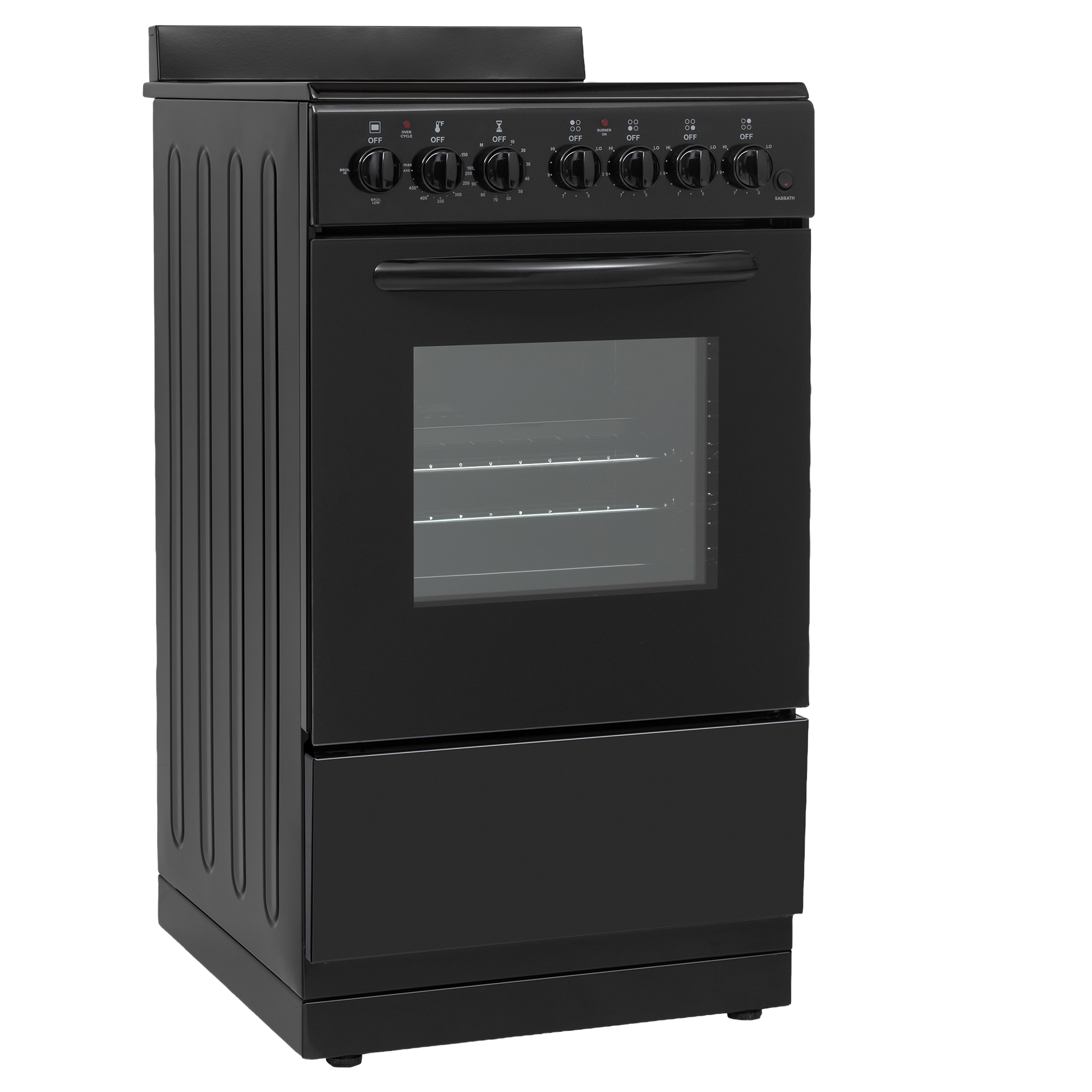 Compact black electric range with glass oven door and multiple control knobs for kitchen and appliance use