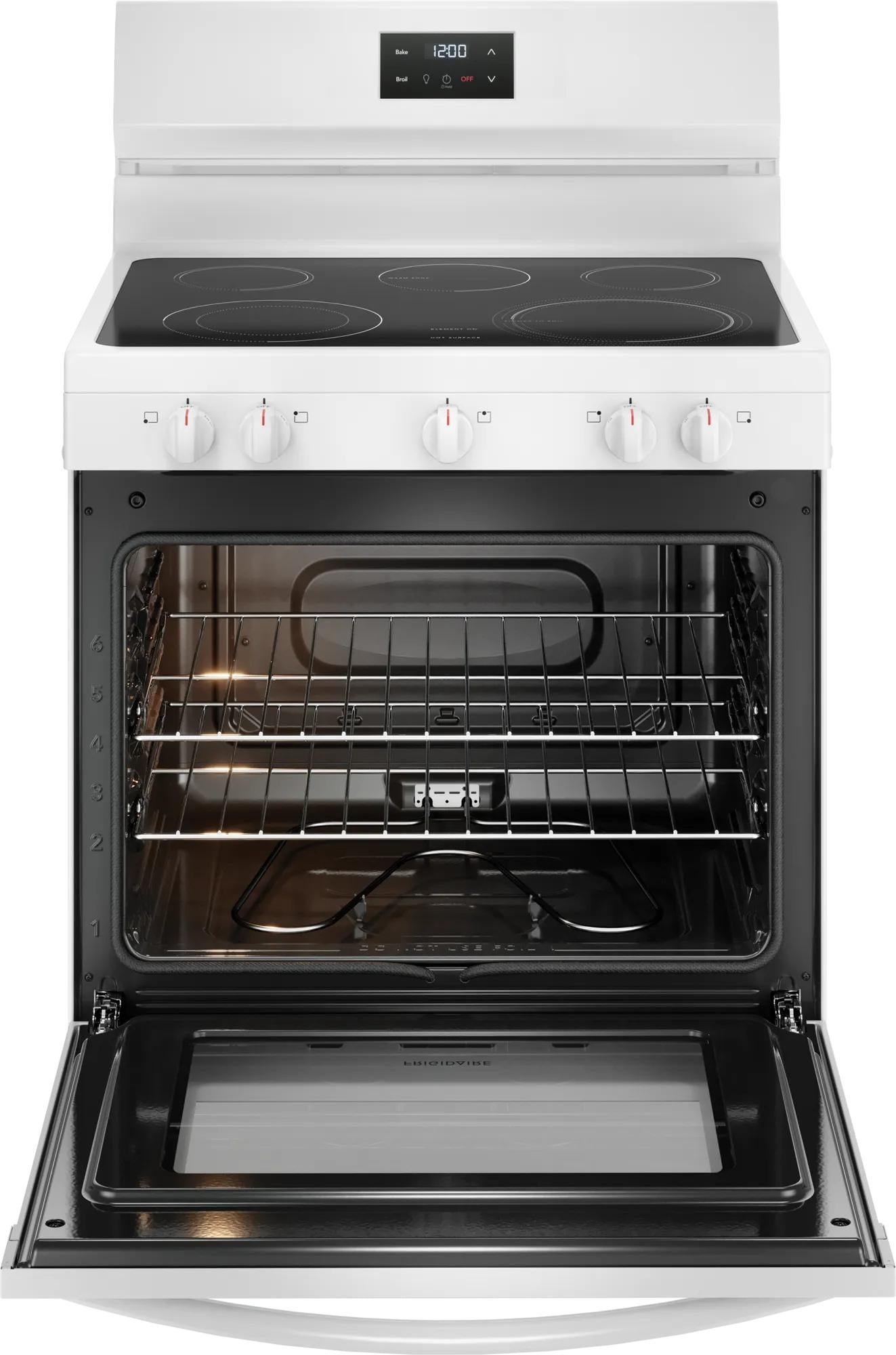 30-inch electric range with smooth cooktop, five control knobs, digital display, and open oven door for kitchen appliances
