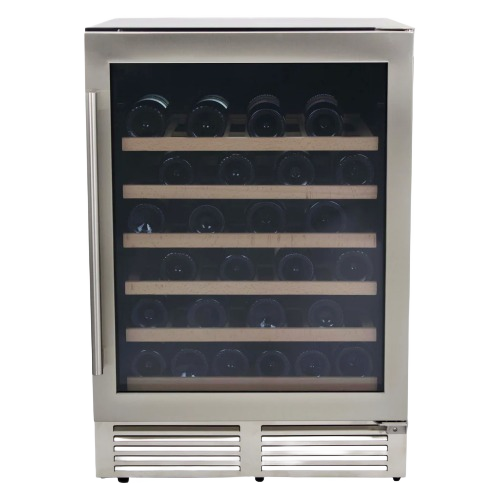 Stainless steel wine cooler with glass door and wooden shelves, ideal for kitchen and home appliances collection