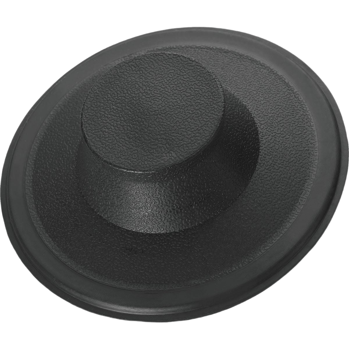 Black plastic sink stopper with textured surface designed for secure fit in home plumbing fixtures