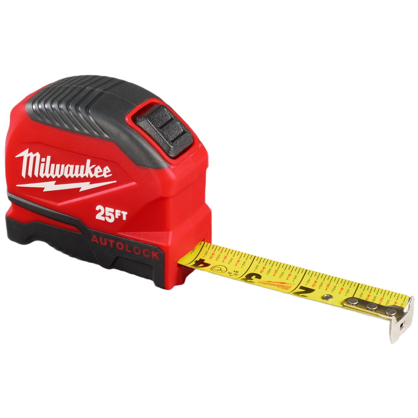 Red and black 25-foot auto-lock tape measure with durable case and easy-to-read yellow blade for tools and home improvement tasks