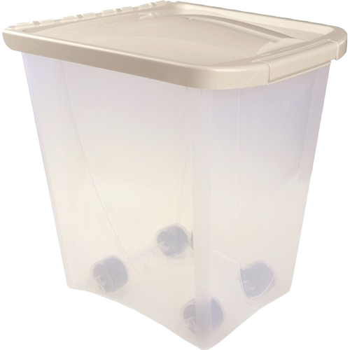 Clear plastic pet food storage container with beige locking lid and built-in wheels for easy mobility under $50