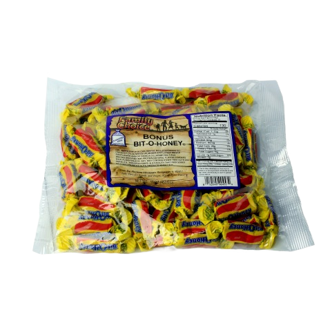 Clear bag filled with individually wrapped yellow and red honey-flavored candy pieces with nutritional label on back