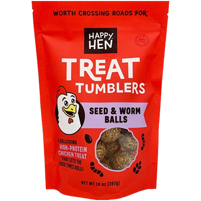 Red resealable bag of Happy Hen seed and worm balls high-protein chicken treats weighing 14 ounces