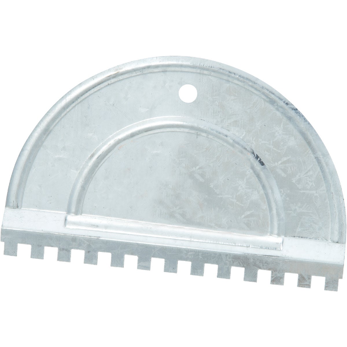 Metal adhesive spreader with half moon shape and notched edge for flooring tools and home improvement projects under $50