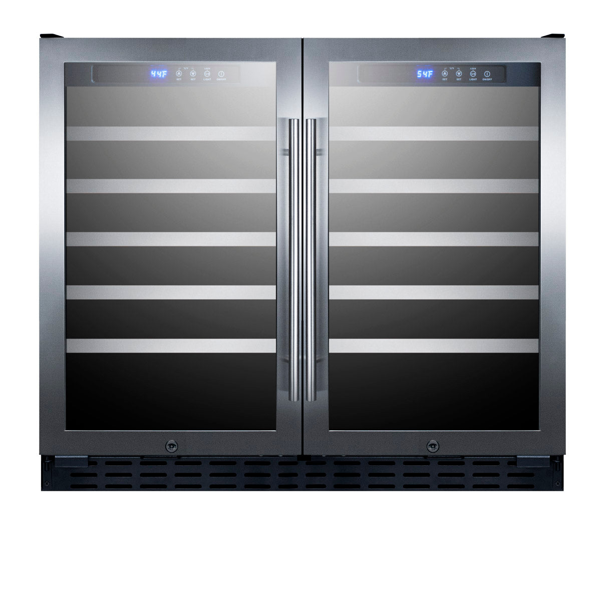 Built-in dual-zone wine cellar with stainless steel frame, glass doors, and digital controls in refrigerators collection
