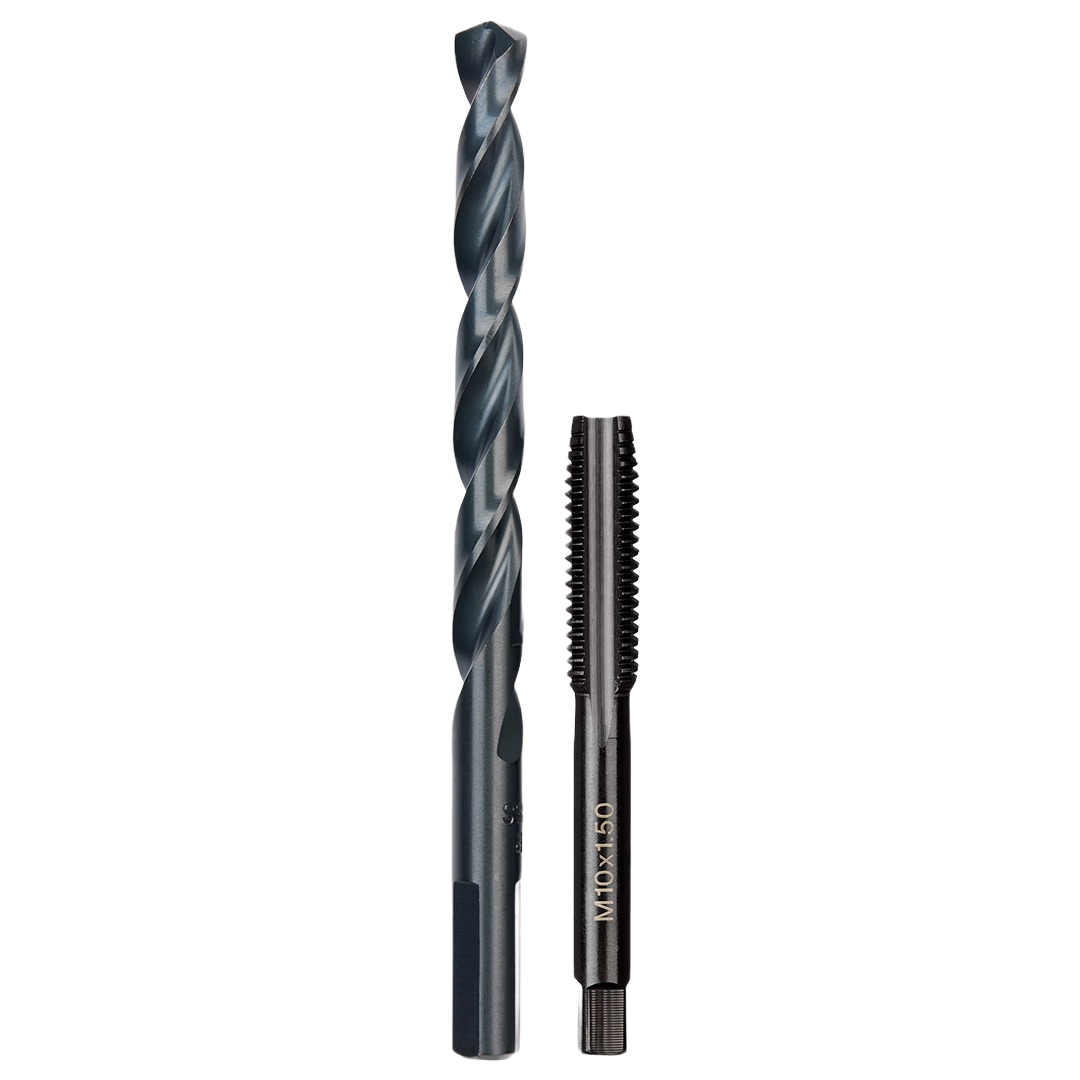 Metric drill bit and straight flute plug tap set for threading and drilling in tool and power tool accessories collections