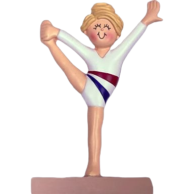 Blonde female gymnast figurine in white leotard with red and blue stripes Christmas decoration under $50