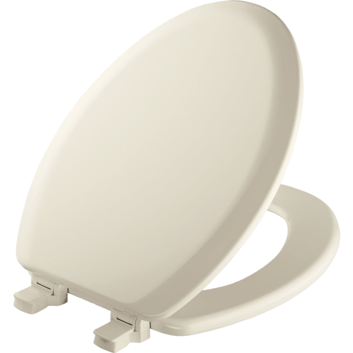 Elongated molded wood toilet seat with high-gloss finish and easy clean hinges for bathroom and home improvement use