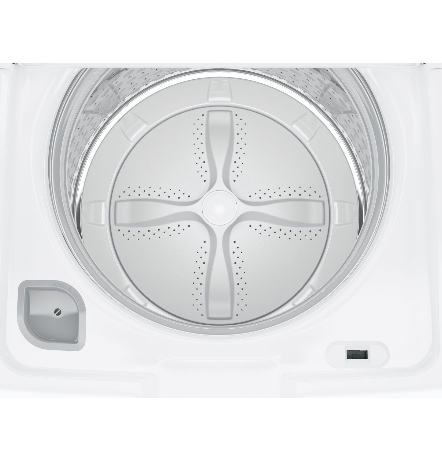 Top-down view of stainless steel basket and agitator inside white ENERGY STAR washer in washers and appliances collection