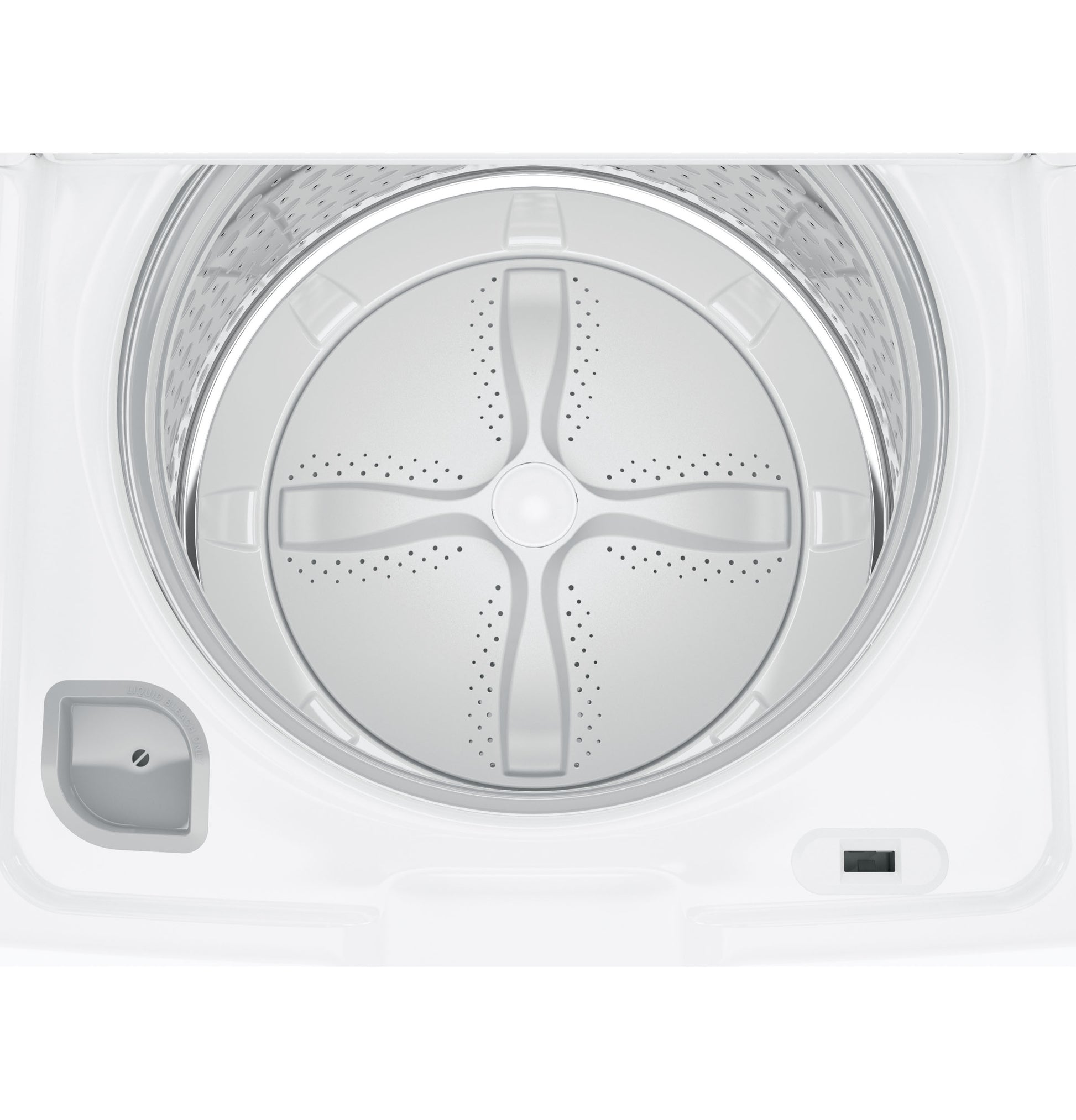 Top-down view of stainless steel basket and agitator inside white ENERGY STAR washer in washers and appliances collection