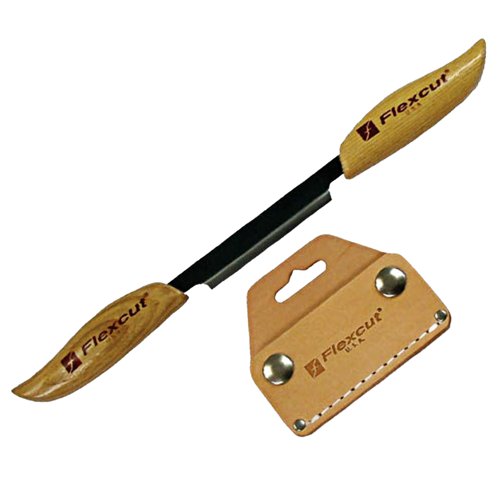 Flexible draw knife with wooden handles and leather sheath for woodworking and home improvement tasks