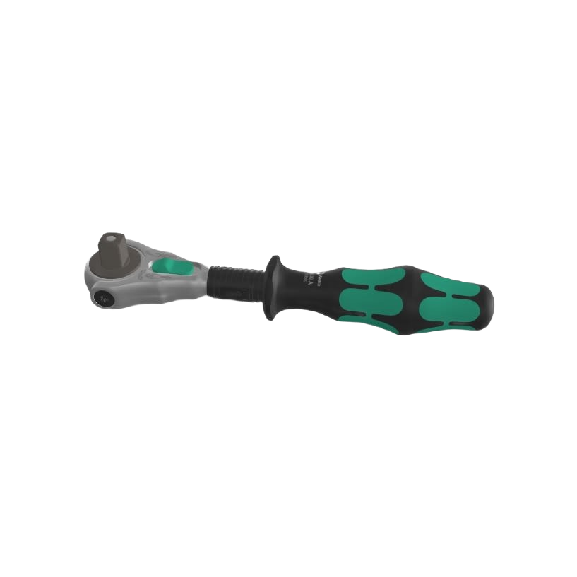 Green and black handle 1/4 inch drive ratchet tool designed for woodworking and general home improvement tasks.