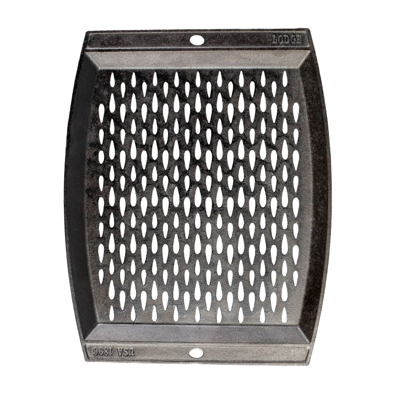 Seasoned cast iron grill topper with oval perforations and raised edges for even heat and improved grilling performance