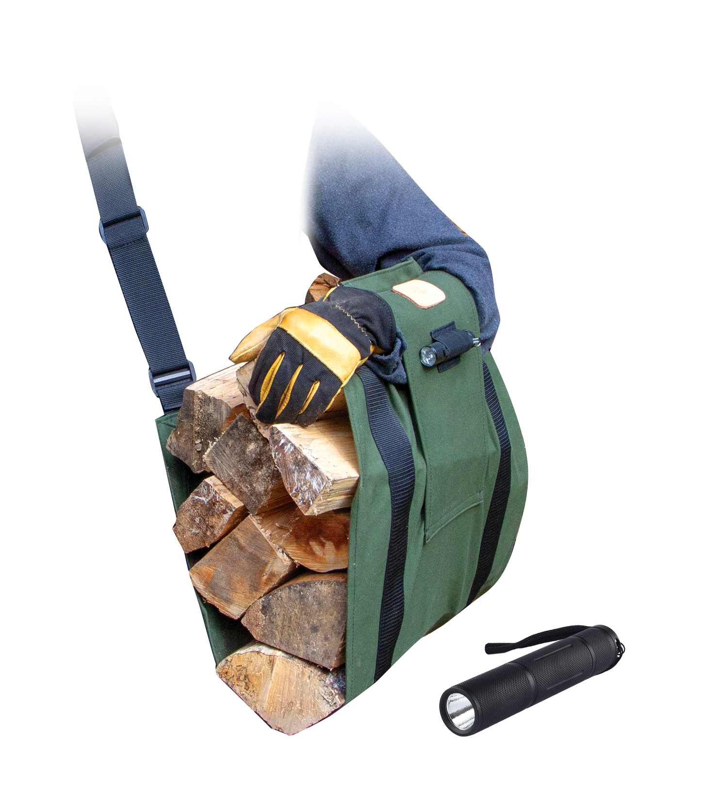Green heavy-duty sling with adjustable strap for carrying firewood, shown with gloves and a black flashlight for home improvement tasks