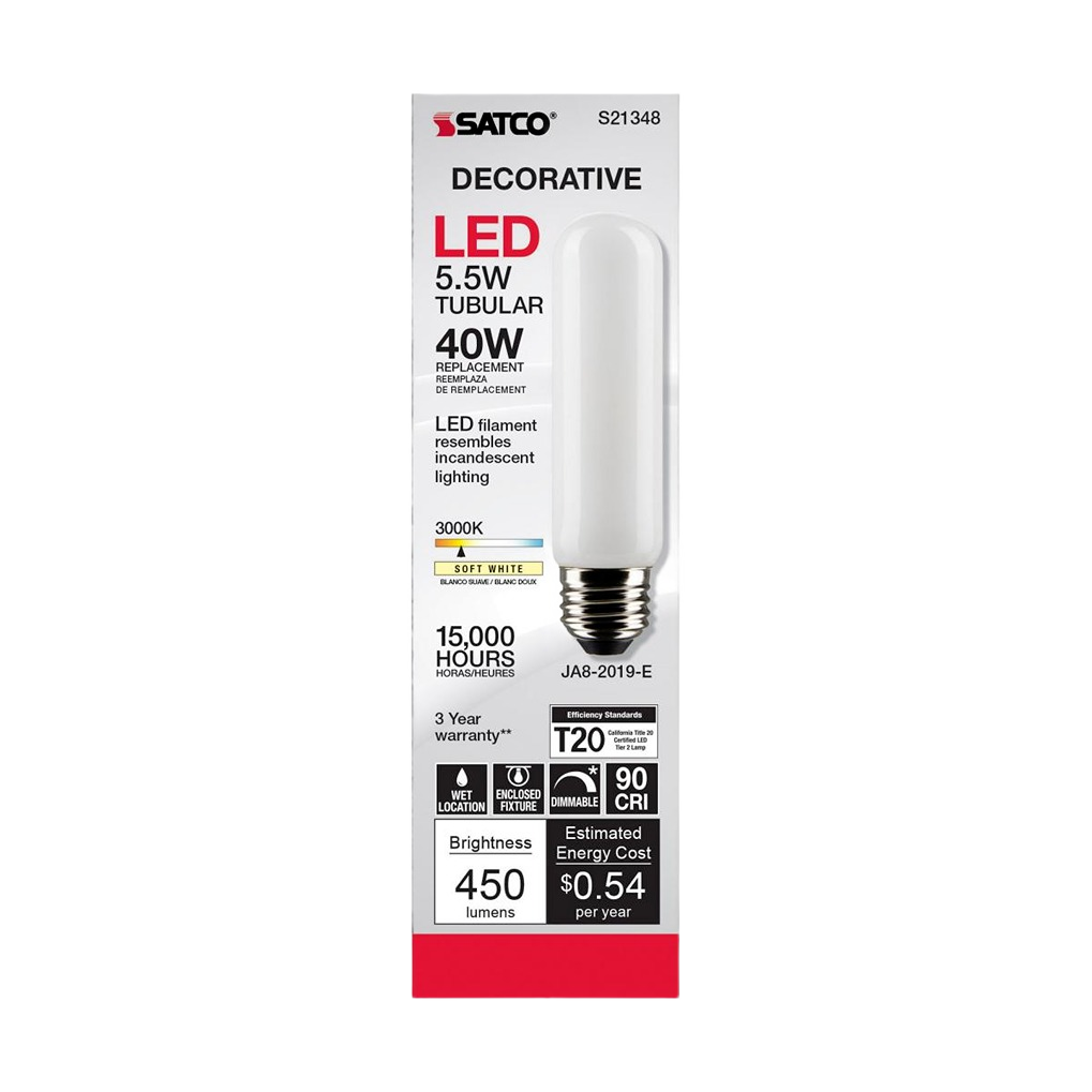 Satco 5.5 watt T10 LED tubular frost soft white bulb with medium base for lighting and electrical use under $50