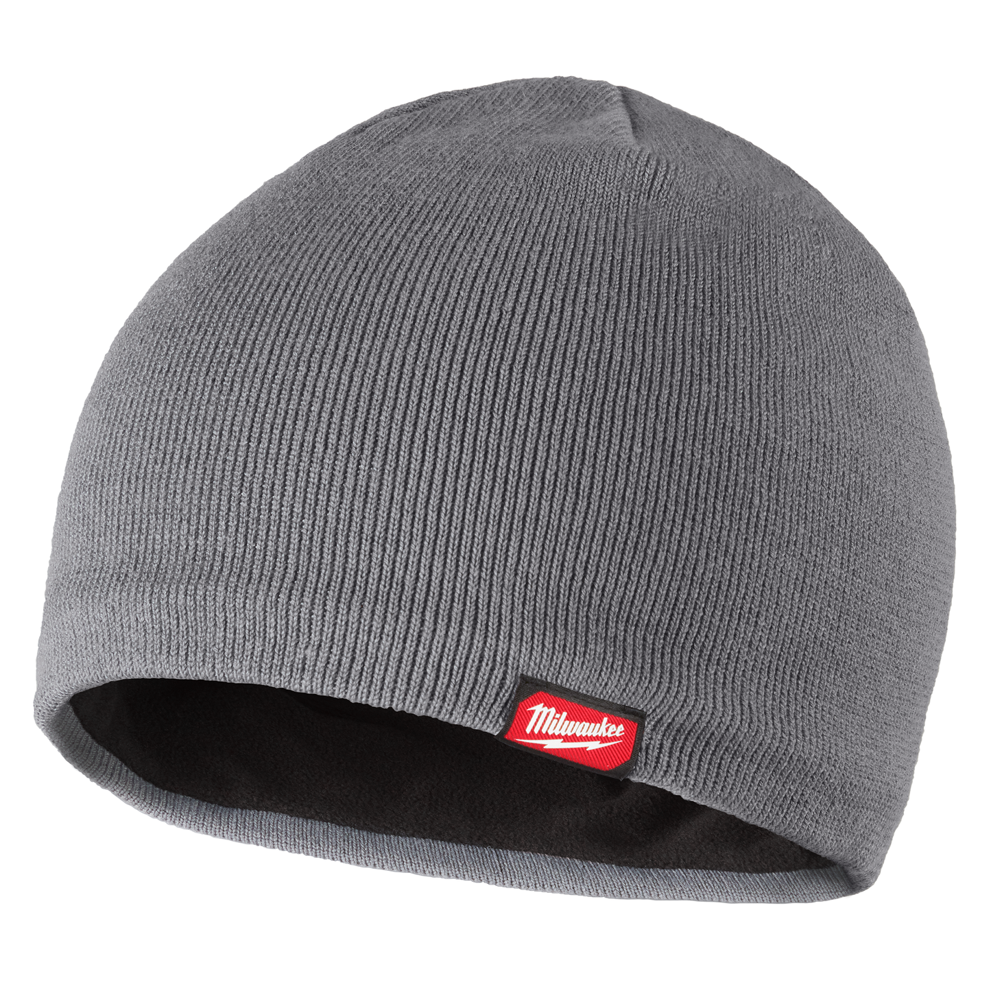 Gray knit beanie with soft fleece lining and red Milwaukee logo, designed for cold weather during tools and home improvement tasks