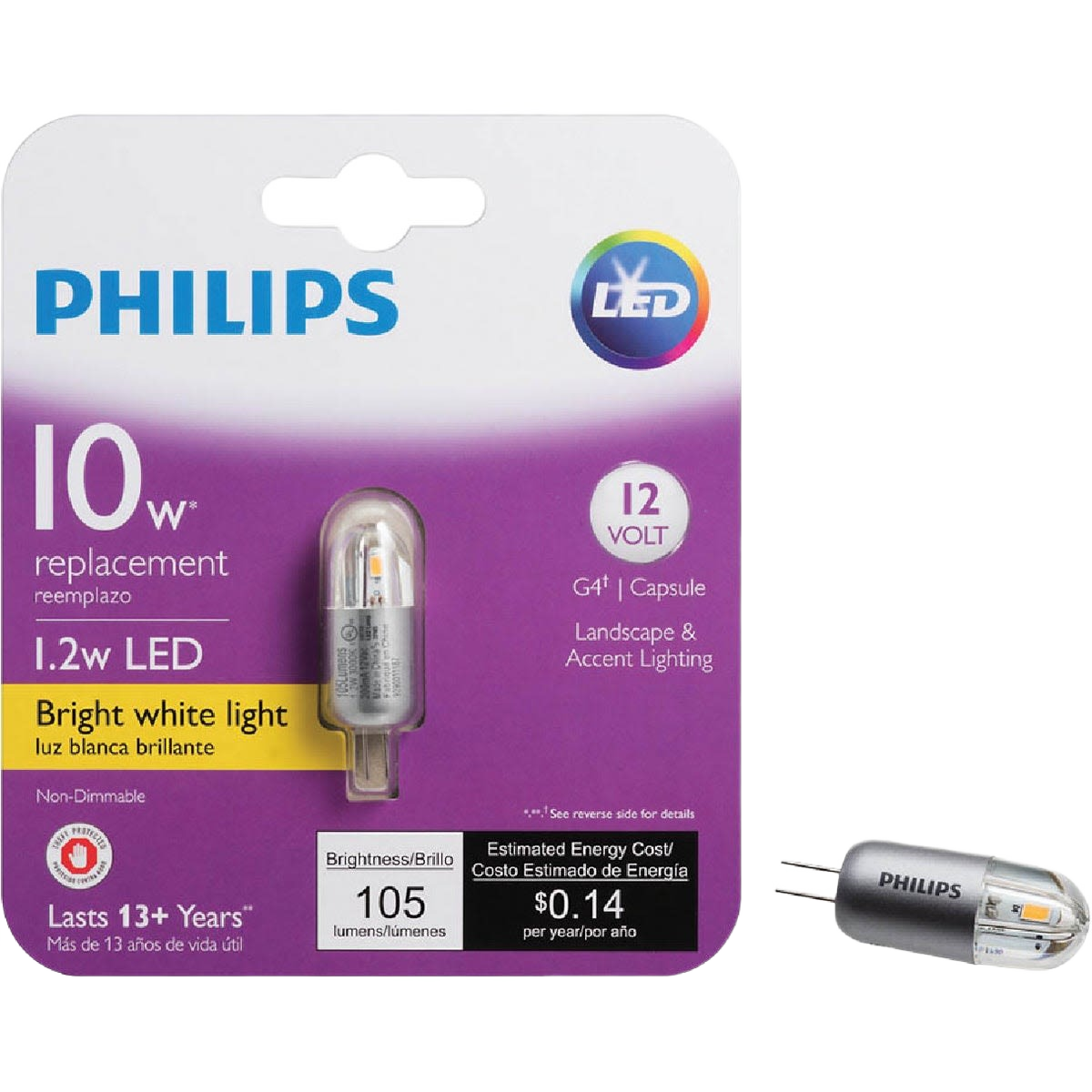 Philips LED low voltage bi-pin landscape bulb with bright white light, energy-efficient for outdoor lighting and home improvement