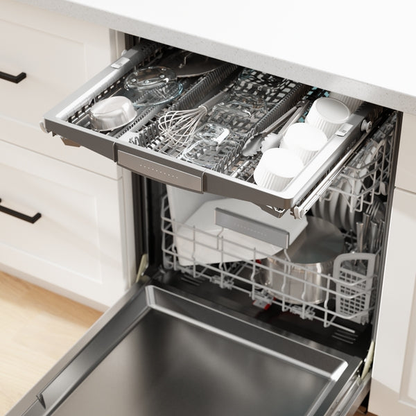 Open stainless steel dishwasher with top utensil tray holding kitchen tools and cups, part of Bosch dishwashers collection