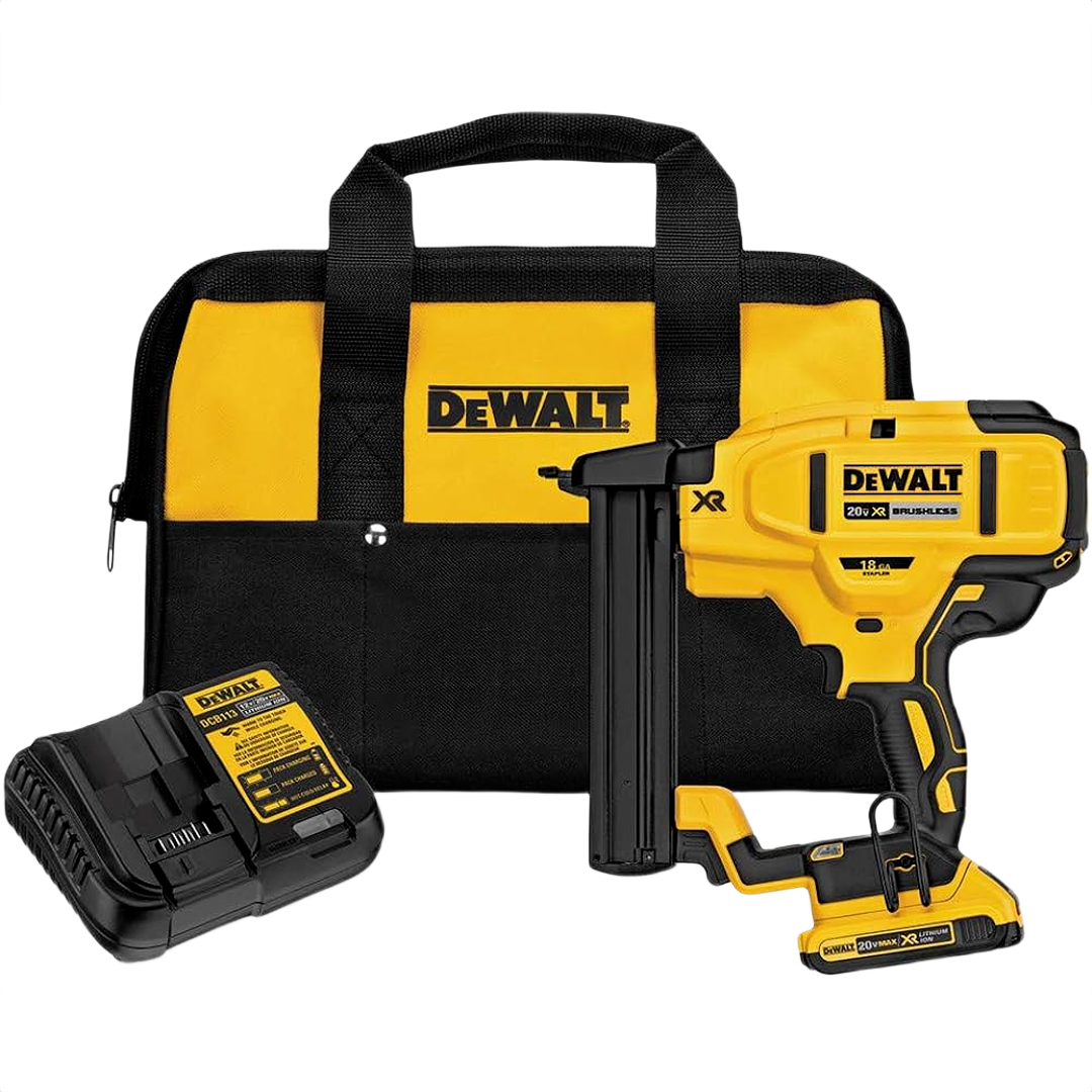 Cordless yellow narrow crown stapler with battery charger and black and yellow carrying bag for home improvement tools