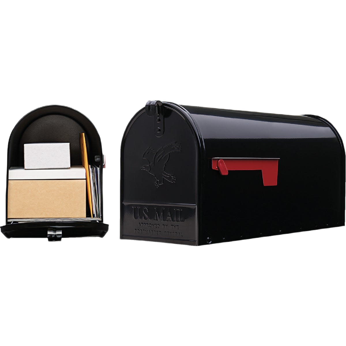 Black metal rural-style mailbox with red flag and open door showing mail inside for home improvement use