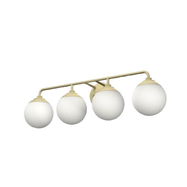 Modern brass four-light vanity fixture with round white glass shades for stylish home improvement lighting
