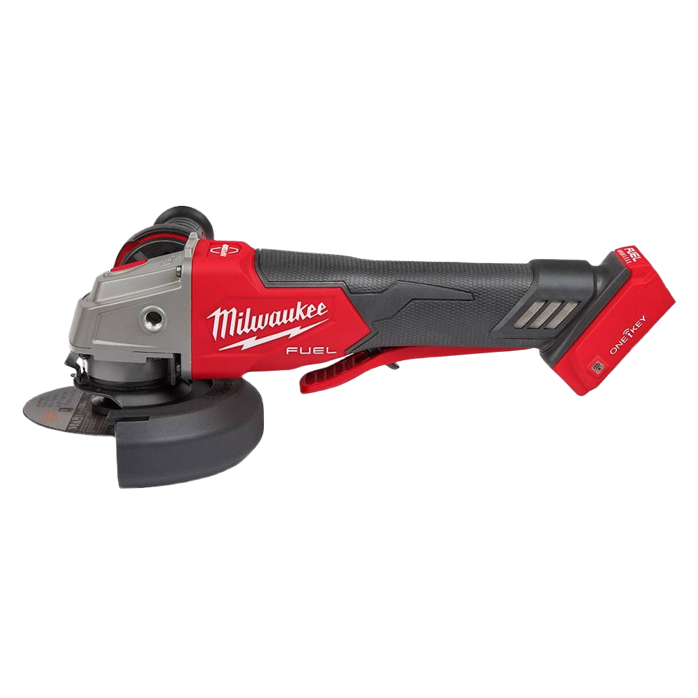 Red and black cordless braking grinder with ergonomic paddle switch designed for efficient home improvement tool use