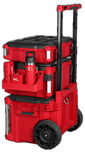 Stacked red and black rolling tool storage system with telescoping handle and external organizer for tools and accessories
