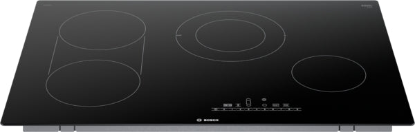 Sleek black-glass electric cooktop with dual cooking elements and bridge for large pans in kitchenware and cooktops collections