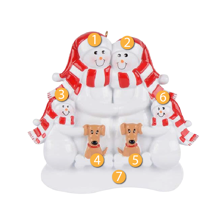 Snow family of four wearing red scarves with two tan dogs, festive personalized Christmas ornament under $50