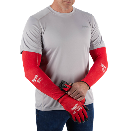 Pair of red cut-resistant sleeves with black trim for arm protection in home improvement and tool use tasks