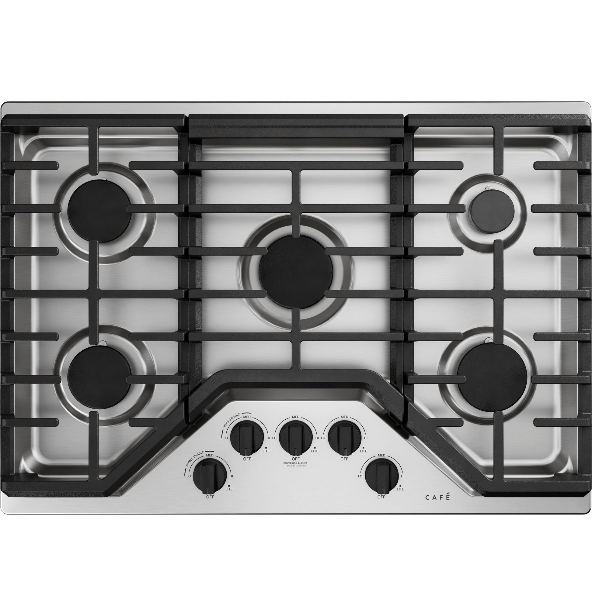 Top view of stainless steel gas cooktop with five burners and angled control knobs in kitchen appliances and cooktops collection