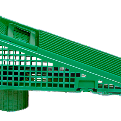 Green plastic wedge-shaped downspout screen with mesh pattern for home improvement and gutter debris protection use