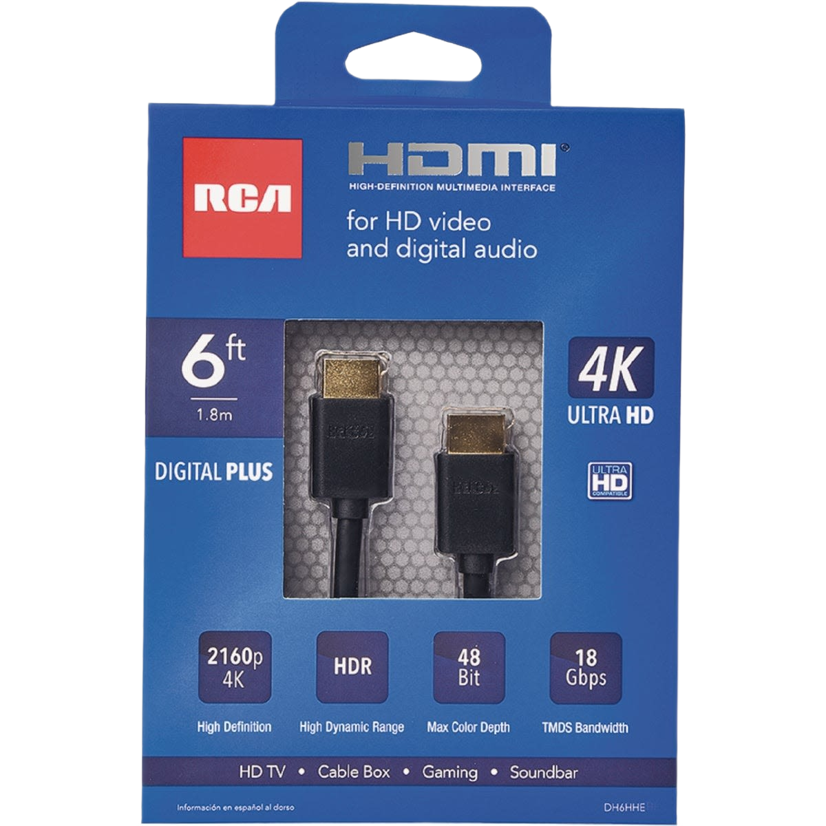 Black RCA 6-foot 4K HDMI cable in retail packaging for Electrical and Home Improvement use under $50