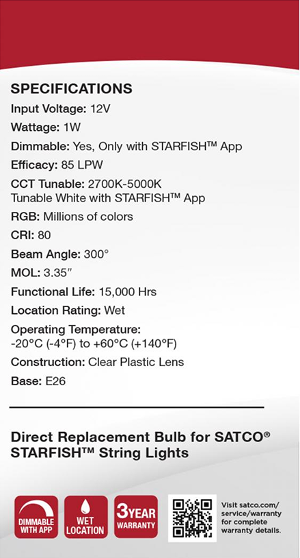 Specifications for smart replacement lamp bulbs with tunable white, color options, and wet location rating for home improvement