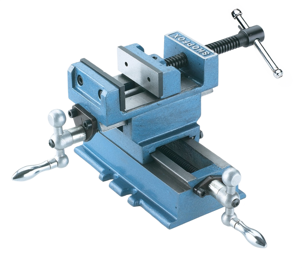 Blue metal cross sliding vise with precision screw handles for secure clamping in woodworking and home improvement tasks