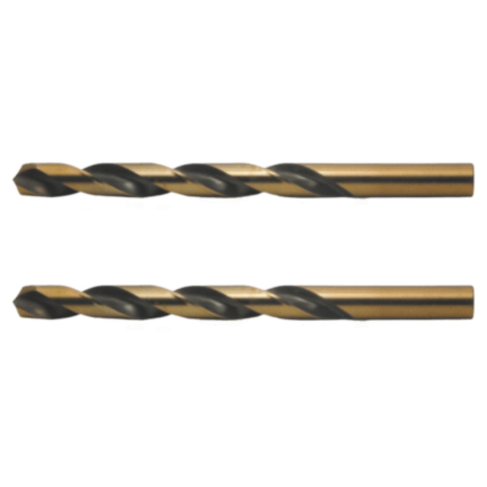 Two black and gold 9/64-inch drill bits made from hi-molybdenum steel for tool accessories and home improvement collections