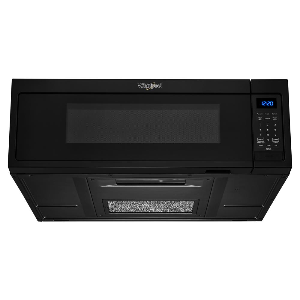 Black low-profile over-the-range microwave hood with digital control panel and blue LED clock from Appliances collection